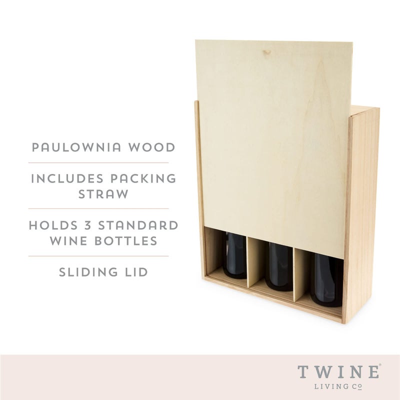 Twine Paulownia Wood Wine Box with Sliding Lid, Fits 3 Standard Wines or Champagne Bottles, Festive Wine Gift Box with Packing Straw for Holidays, Celebrations, Parties, Housewarming Gifts - Image 2